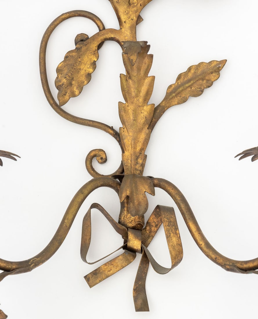 Italian Gilt Metal Candlestick Wall Sconces, Pair - 7