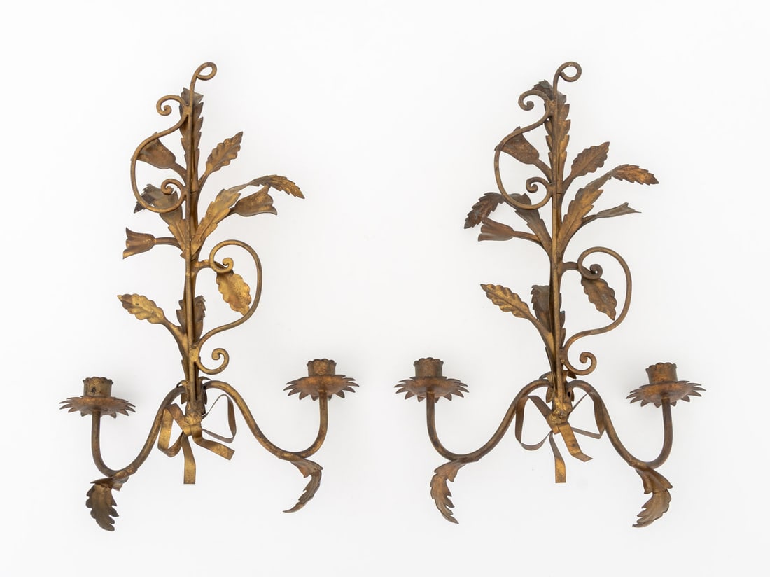 Italian Gilt Metal Candlestick Wall Sconces, Pair - 8