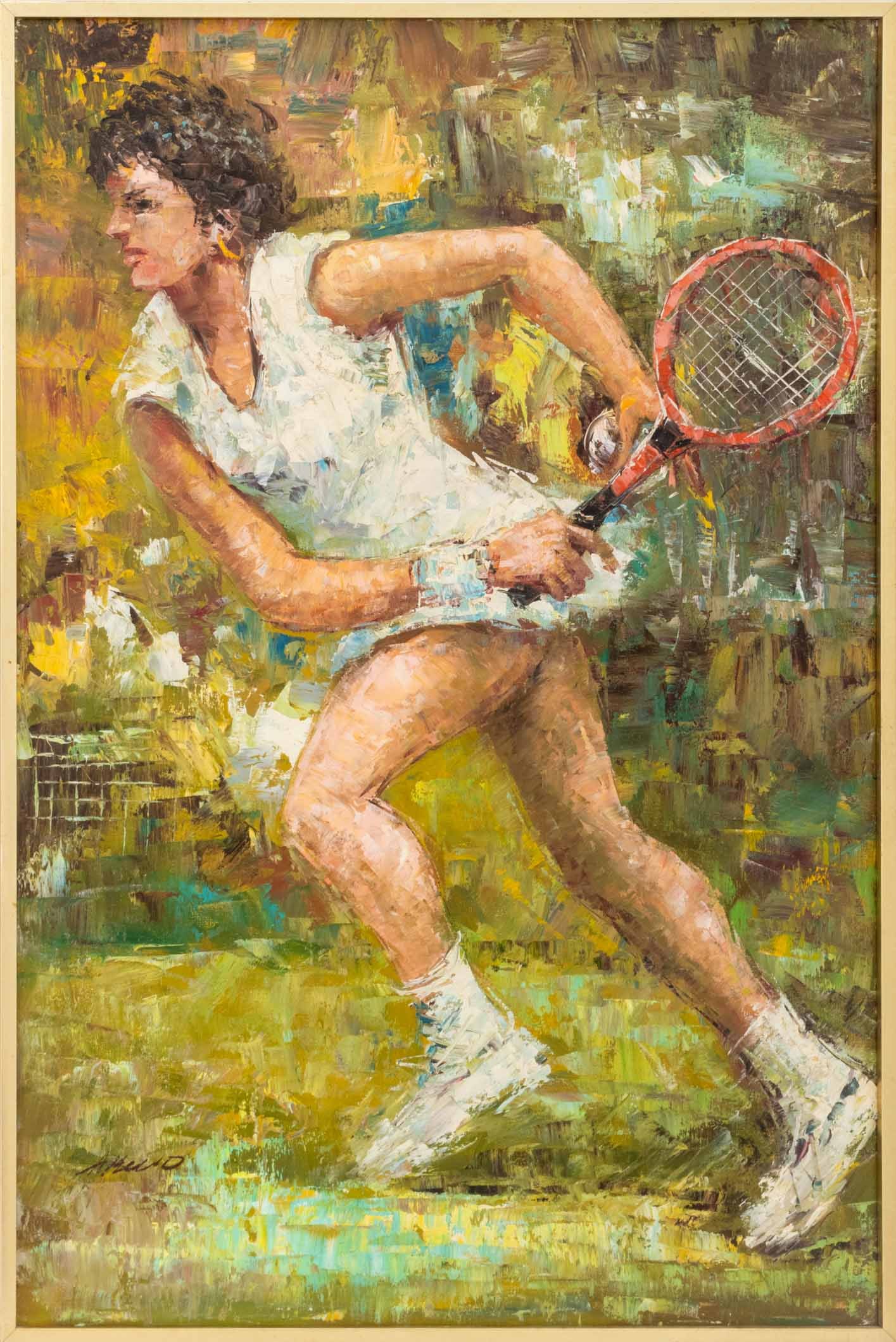 Illegibly Signed Tennis Player Oil on Canvas (1 of 8)
