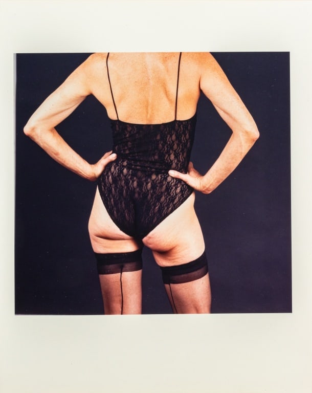 Anne Sager "Women Over 50" Chromogenic Print: Anne Sager (American, 1930-2024), "Women Over 50" Series, Chromogenic Print in Colors, depicting a woman in black lingerie, stamped "Anne Sager 19" verso, unframed. Image: 6.75" H x 7" W; sheet: 10" H