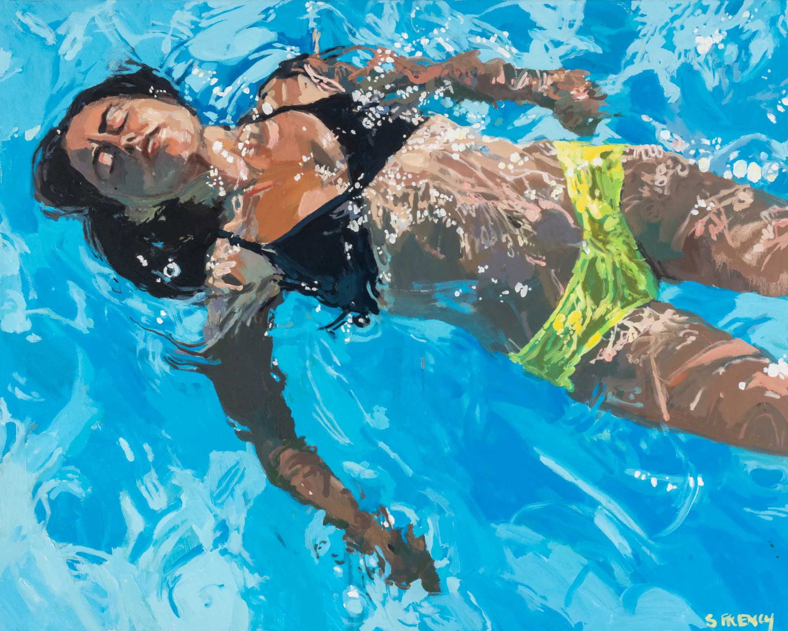 Samantha French "Float" Oil on Canvas, 2013: Samantha French (American, b. 1993), "Float", Oil on Canvas, 2013, signed lower left, signed, titled, and dated verso, unframed. 30" H x 24" W x 1.5" D. Provenance: From a New York City Private Collec