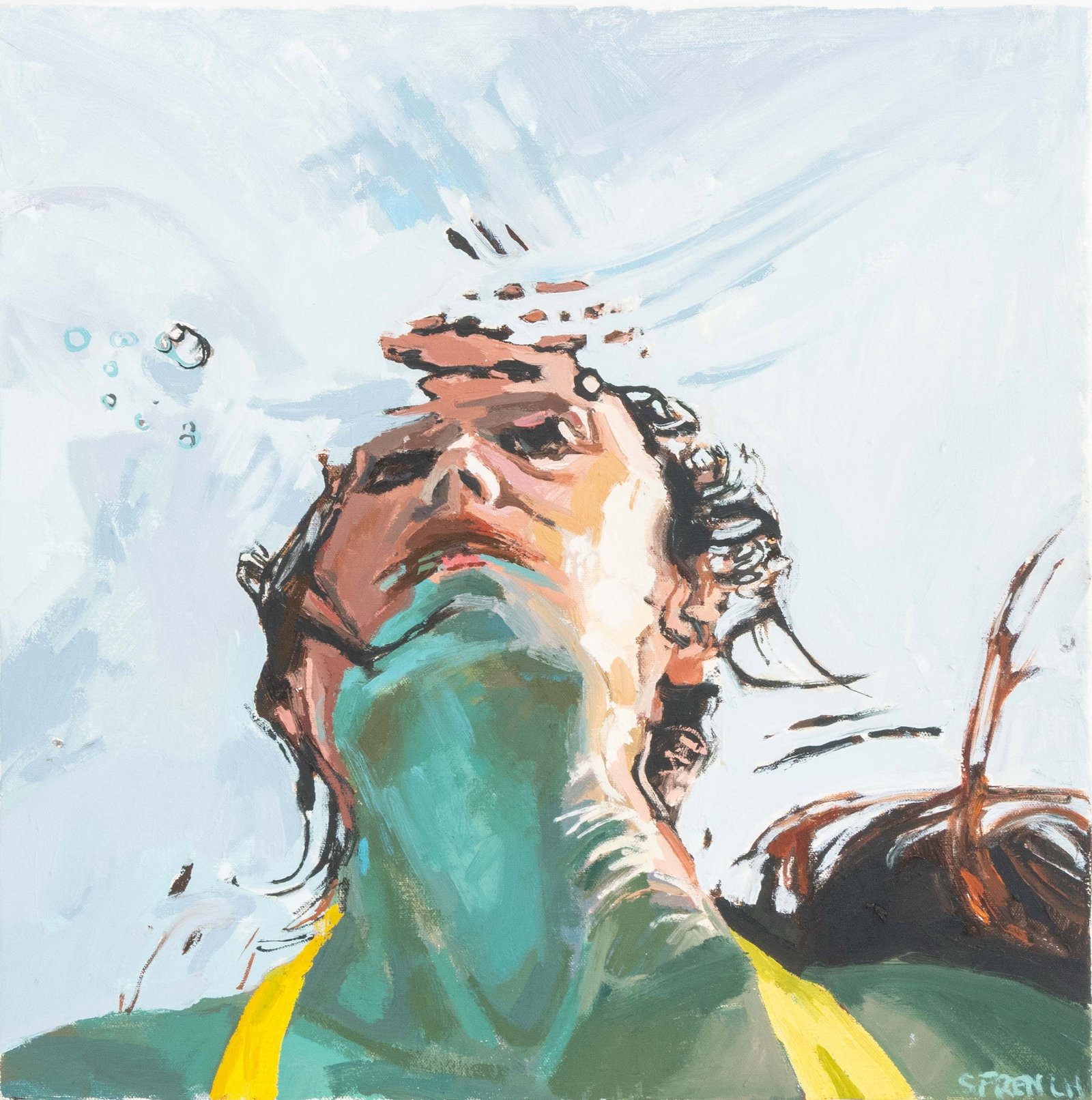 Samantha French "Self Portrait; Through the Water": Samantha French (American, XX-XXI), "Self Portrait; Through the Water", Oil on Canvas, 2012, signed "S. French" lower right, signed, dated, and titled verso with Groveland Gallery label, unframed. 20"