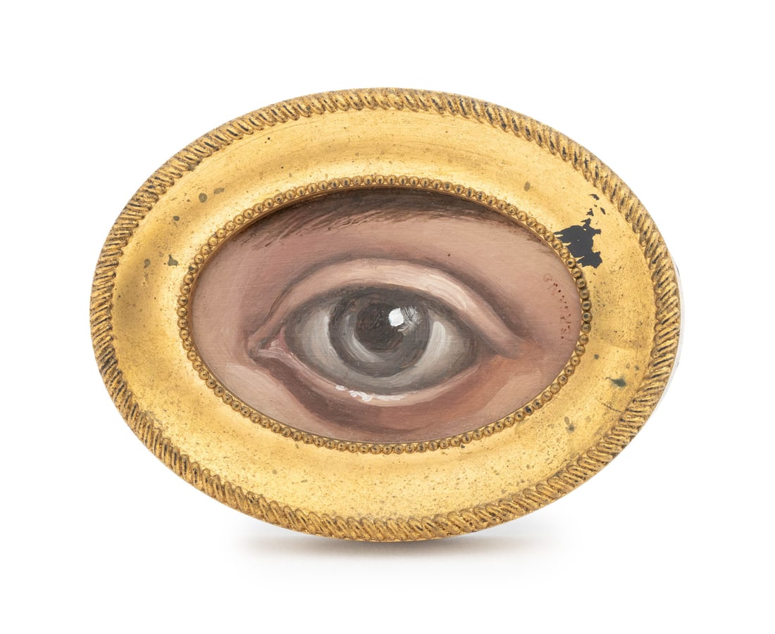 Cristina Vergano Gray Eye Oil on Board: Cristina Vergano (Italian, b. 1960), Gray Eye, Oil on Board, signed right side, oval giltwood frame. Image: 1.75" H x 2.75" W; frame: 3.5" H x 4.25" W x 1" D. Provenance: From a Central Park West Esta