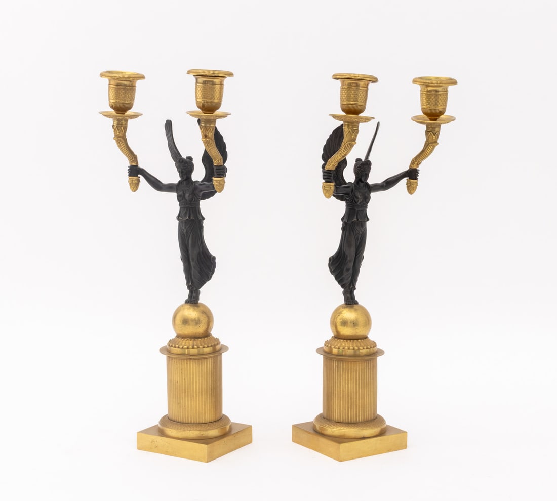 Empire Style Patinated & Gilt Metal Candelabra, Pr - 2
