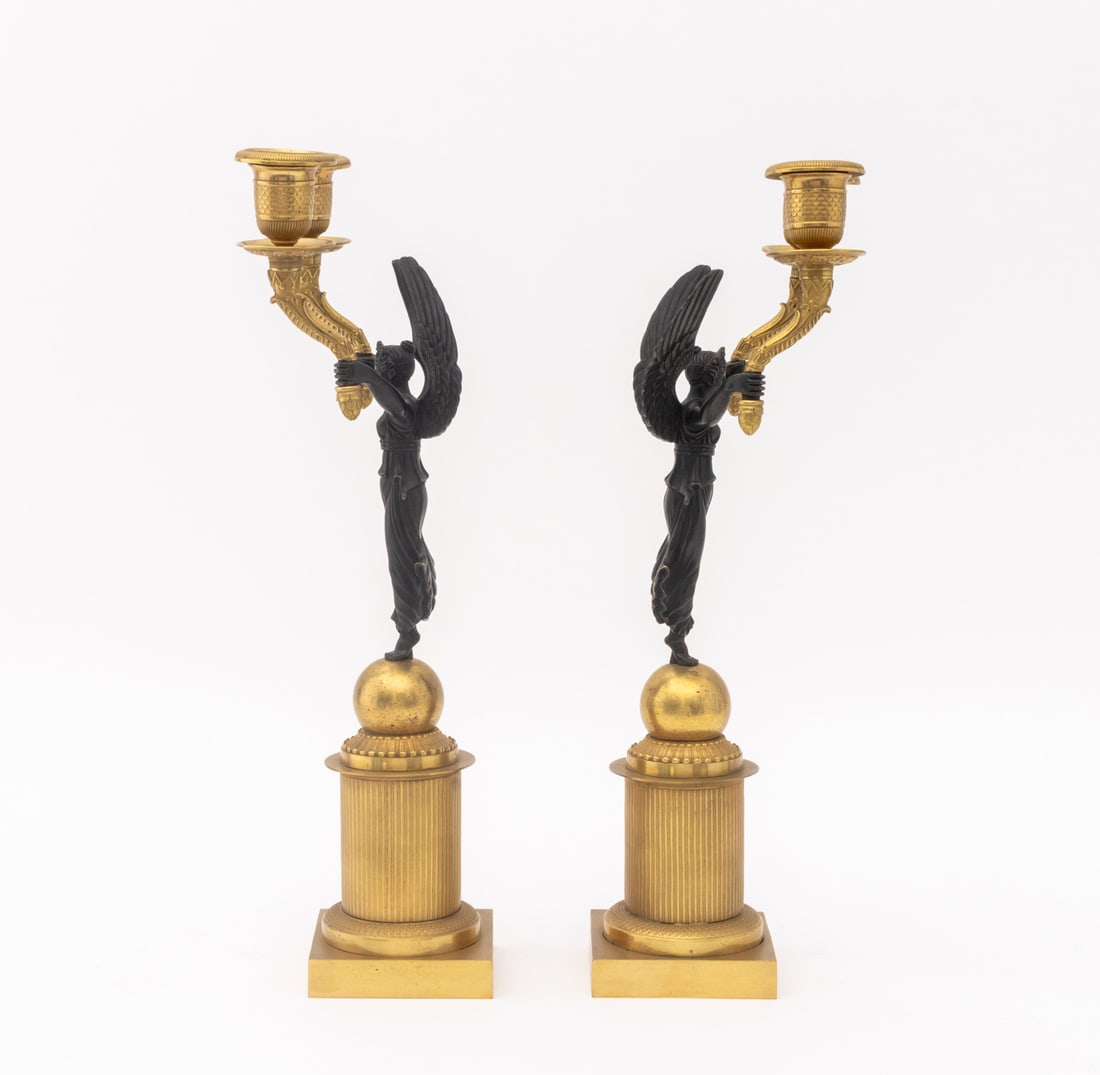 Empire Style Patinated & Gilt Metal Candelabra, Pr - 3
