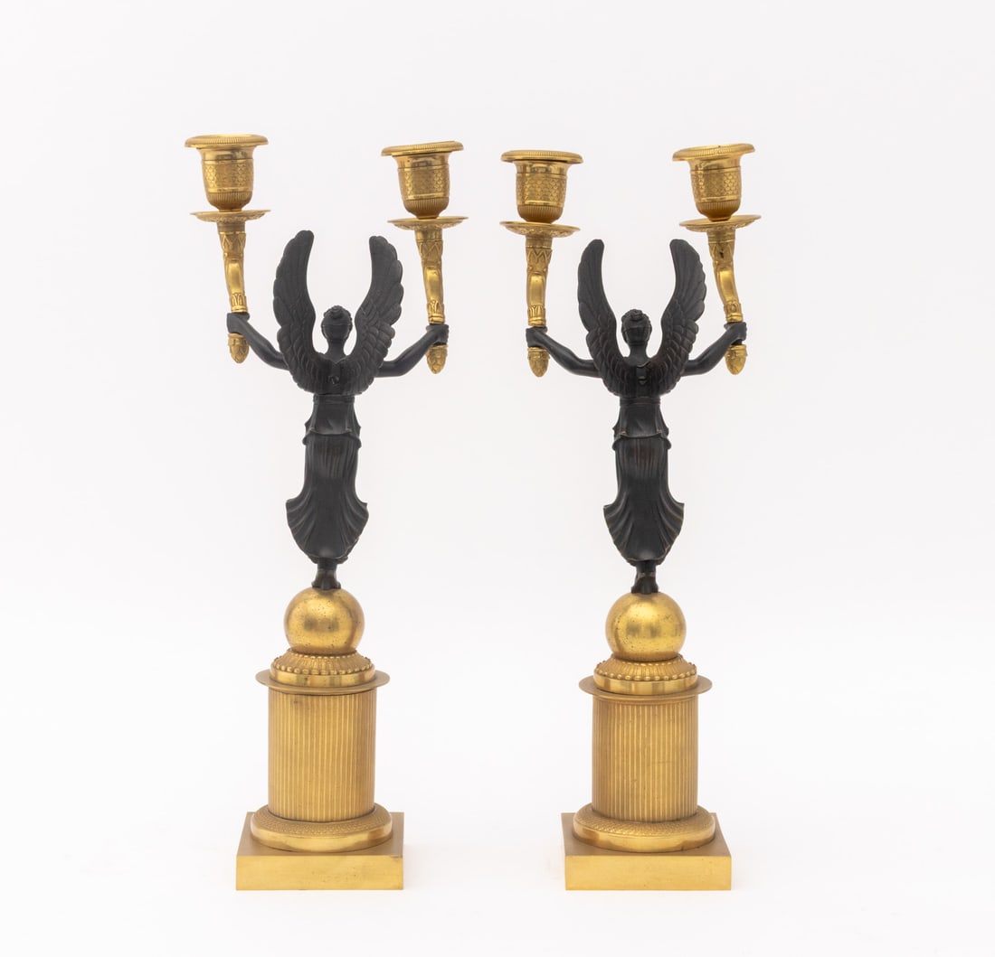 Empire Style Patinated & Gilt Metal Candelabra, Pr - 4