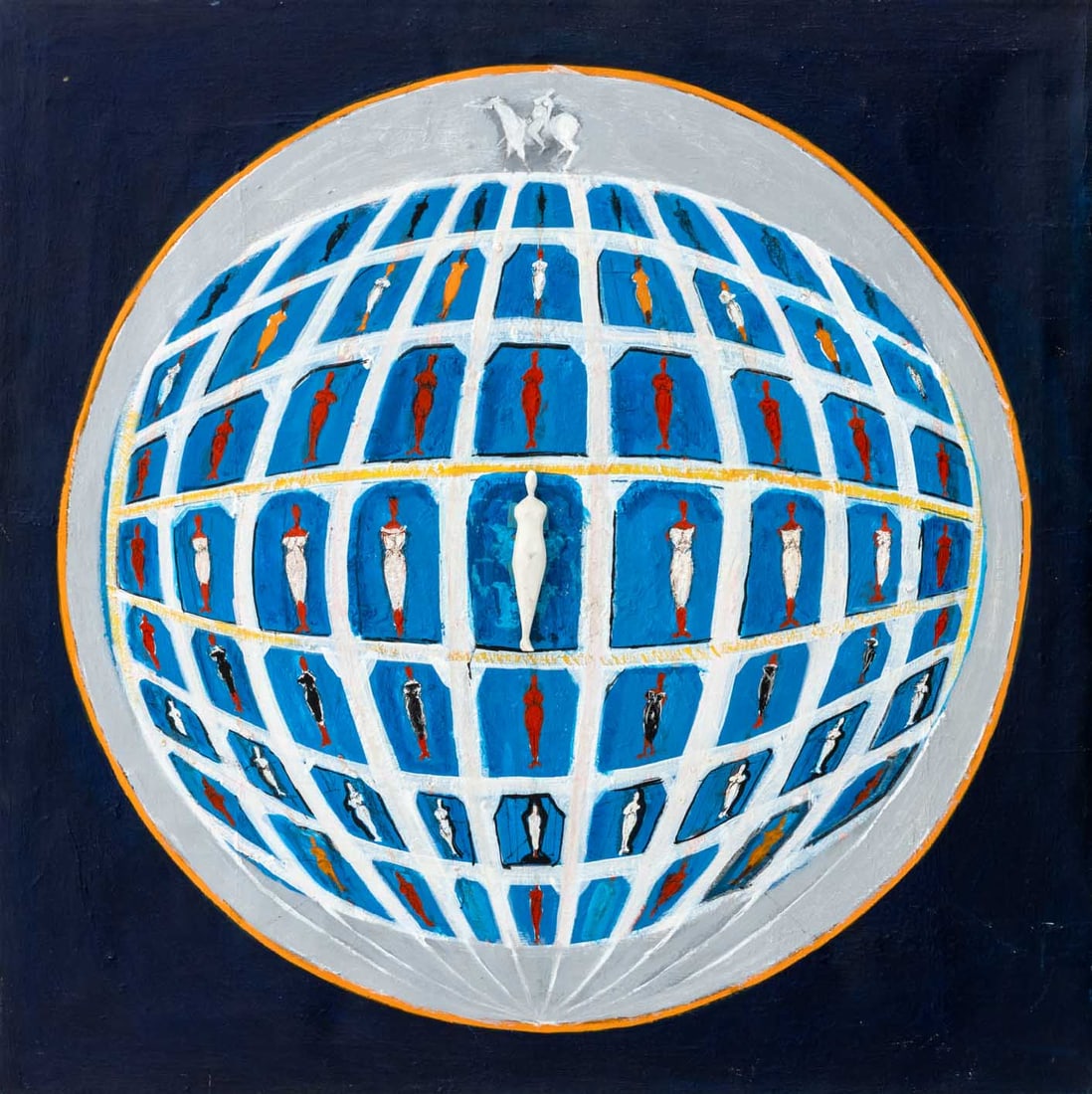 Agudelo Attr. Figural Disco Ball in Blue Oil: Agudelo (XX) Attributed, Figural Disco Ball in Blue, Oil and Relief Sculpture on Canvas, unframed. 32" H x 32" W x 1" D. Provenance: From a Scarsdale, New York Estate. Keywords: Paintings, Works on Ca