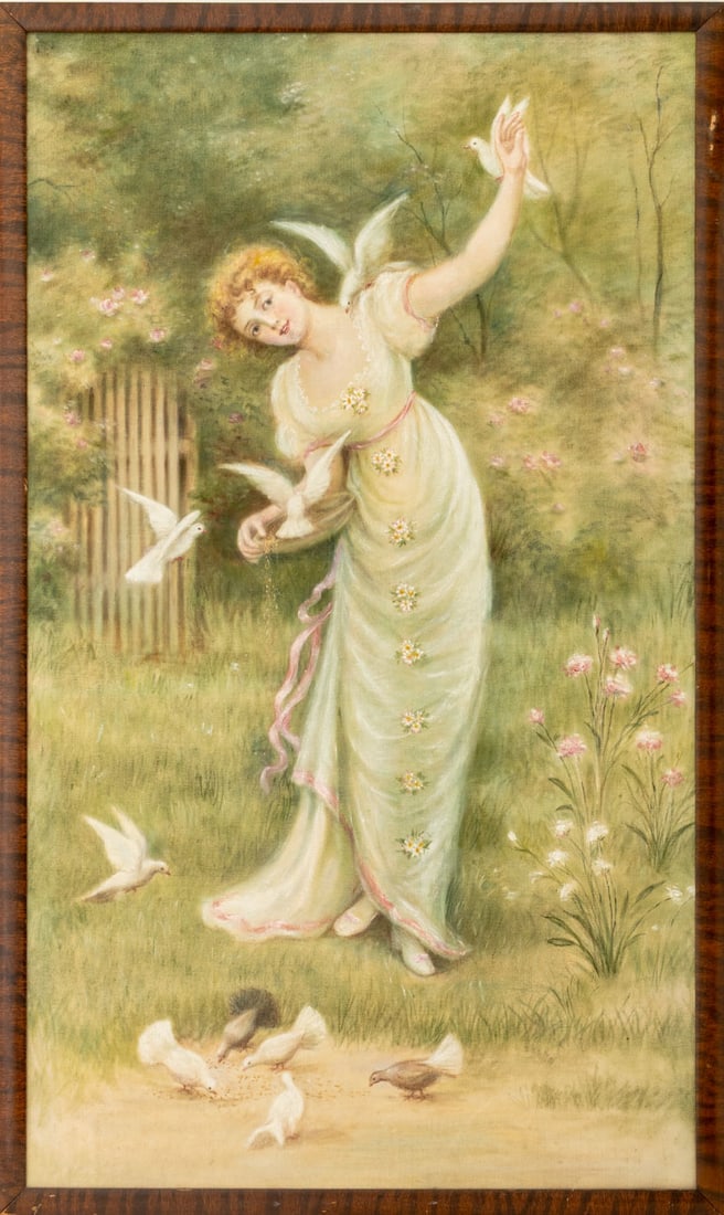 Continental School Woman with Doves Oil on Canvas (1 of 5)