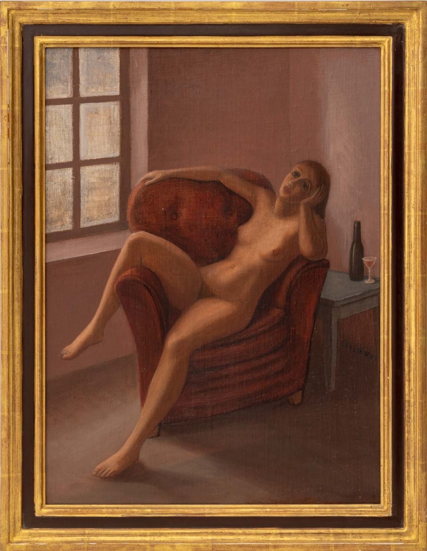 Eli Levin Nude Woman Seated in Chair Oil, 1983: Eli Levin (American, b. 1938), Nude Woman Seated in a Chair, Oil on Canvas Clad Masonite, 1983, signed and dated center right, giltwood frame. Image: 23.75" H x 17.25" W; frame: 28.25" H x 22" W x 1.5