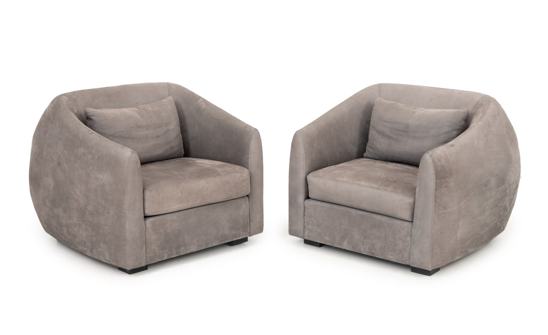 Modern Style Gray Suede Tub Chairs, Pair: Pair of Modern Style Gray Suede Tub Chairs, with cushions. 30" H x 31.5" W x 35" D; seat: 16.5" D. Provenance: From a 157 West 57th Street Collection. Keywords: Contemporary Furniture, Seating, Armcha