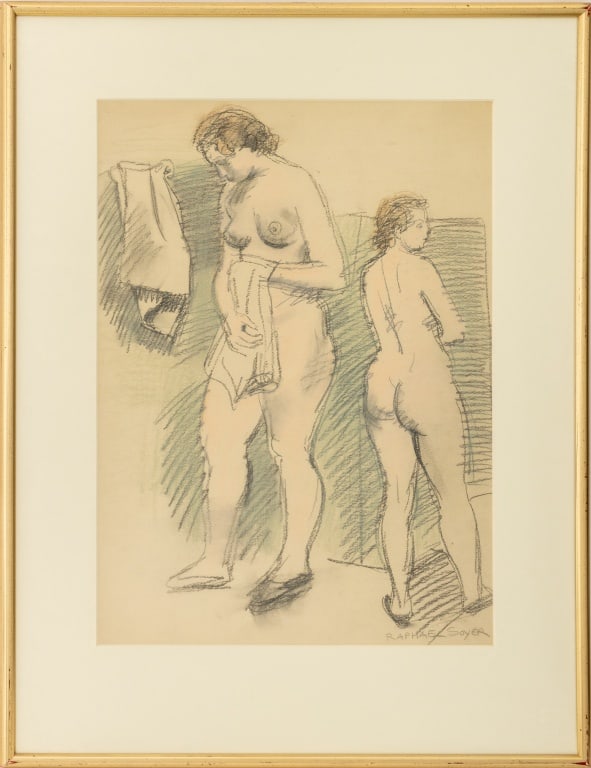 Raphael Soyer Bathing Female Figures Pastel: Raphael Soyer (American, born Russia, 1899-1987), Bathing Female Figures, Pastel on Paper, signed lower right, giltwood frame. Image: 22" H x 16" W; frame: 31" H x 24" W x 1" D. Provenance: From an Up