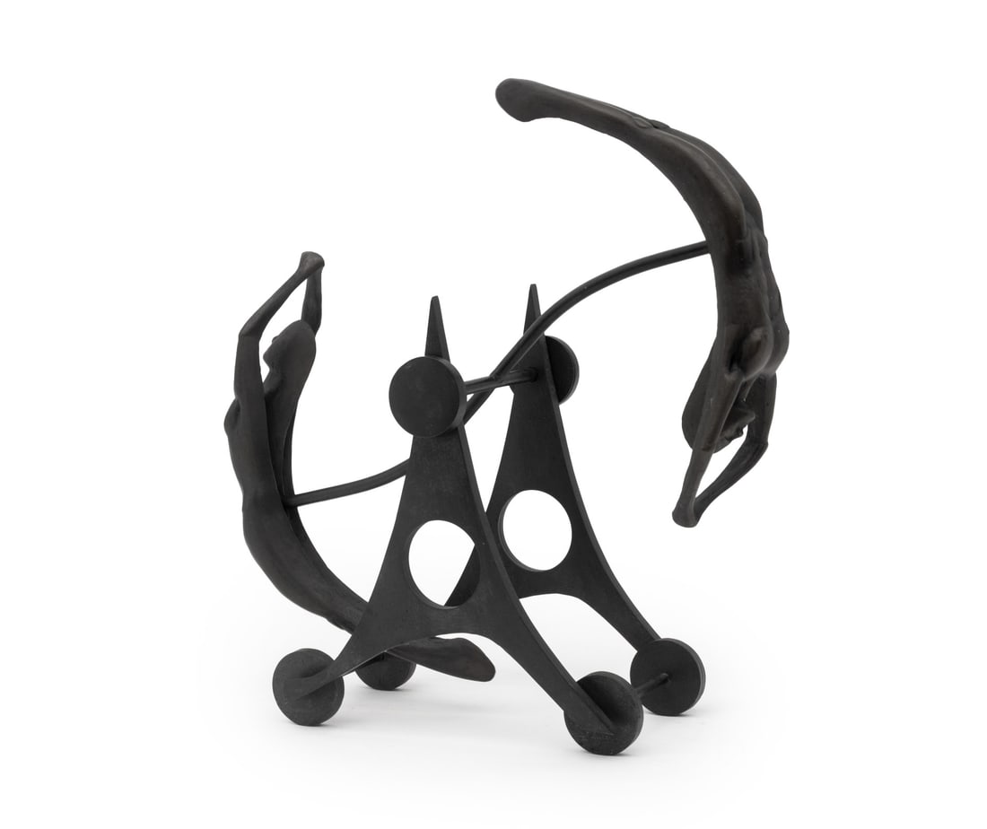 Rein Triefeldt "Arc" Kinetic Bronze Sculpture: Rein Triefeldt (Canadian/American, b. 1960) "Arc" Kinetic Patinated Bronze Sculpture, two male figures spinning over center triangular base. 17.75" H x 13" W x 7" D. Provenance: From a Central Park We