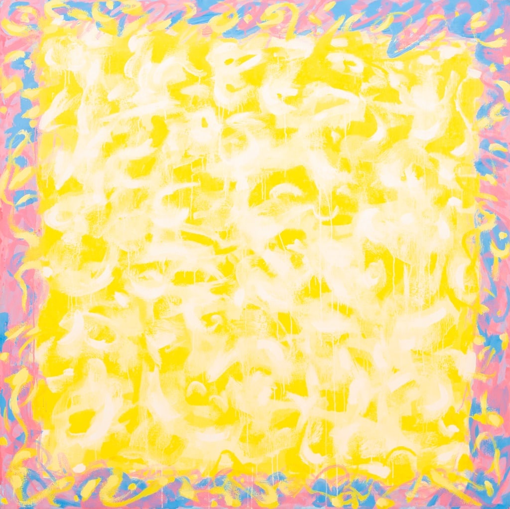 Domenick Capobianco Abstraction Oil on Canvas: Domenick Capobianco (American, b. 1928), Abstract Composition in Yellow, Oil on Canvas, with light blue and pastel pink border, signed and inscribed "NYC" verso, unframed. 66" H x 66" W x 2" D. Proven