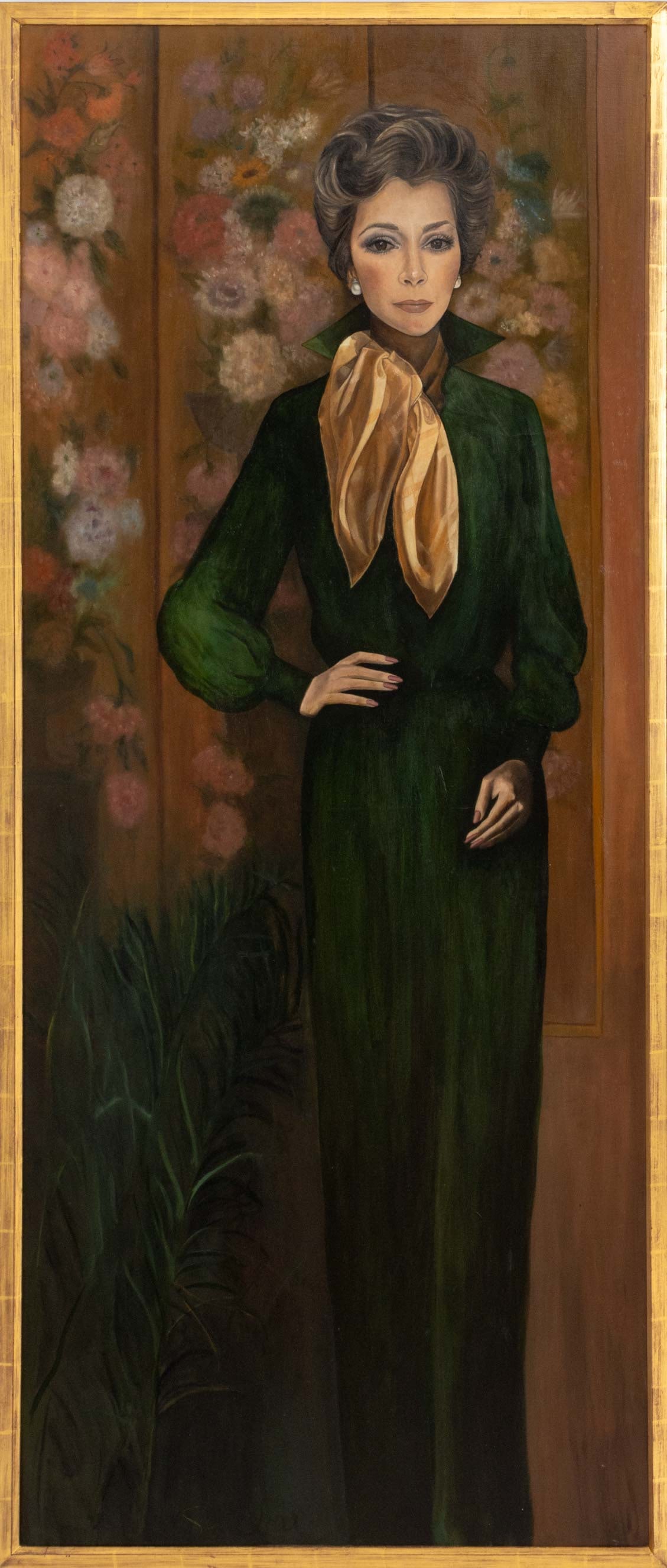 "The Elegant Wife of Dr. Hess" Oil on Canvas: 20th Century School, "The Elegant Wife of Dr. Hess", Oil on Canvas, illegibly signed "Sh ... (?)" lower left, giltwood frame. Image: 71.5" H x 29.25" W; frame: 74" H x 31.75" W x 1.5" D. Provenance: F