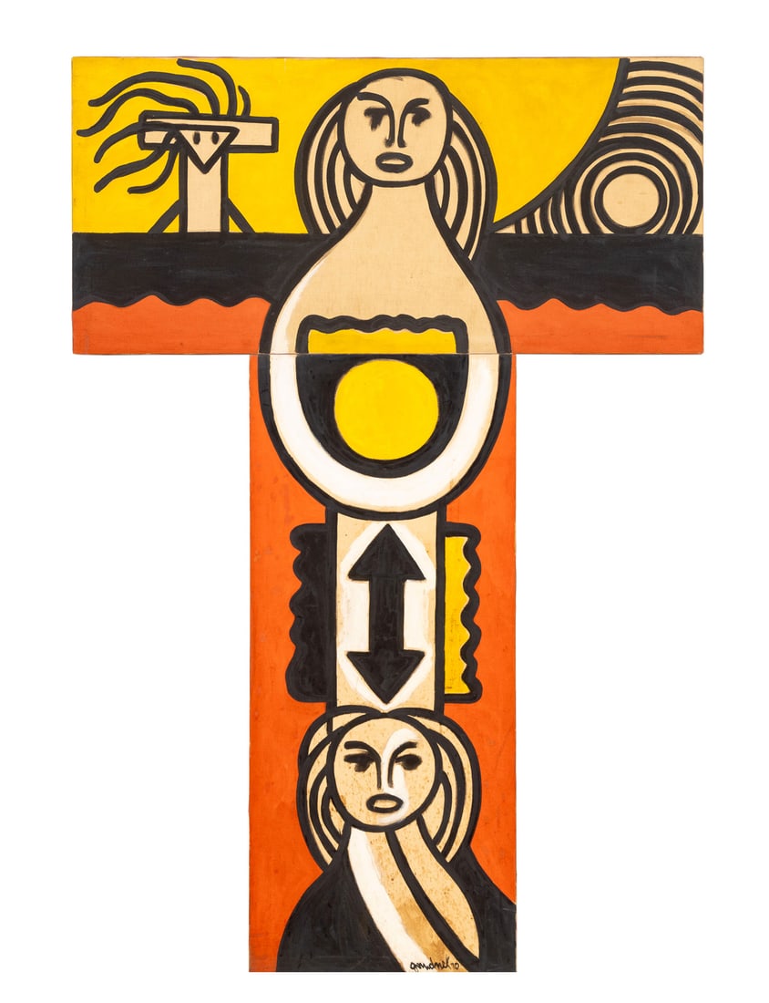 Walter Gaudnek Abstraction Oil on Canvases, 1970: Walter Gaudnek (Czech, 1931-2022), Untitled (Abstract Figural Composition), Oil on Two Canvases Mounted Together in Cross Form, 1970, signed and dated lower right to bottom canvas, unframed. Overall: 