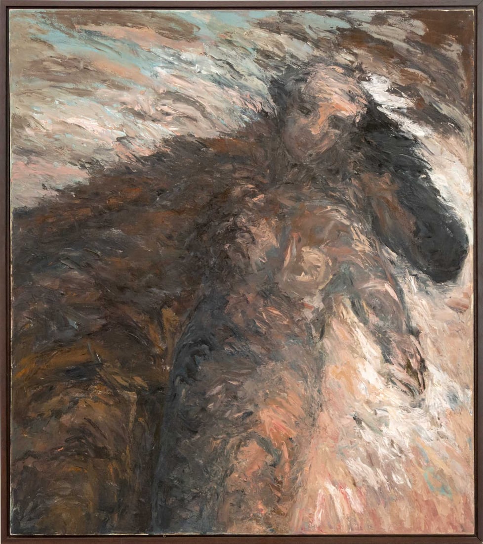 Marcia Godosky "Horsewoman" Oil on Canvas, 1989: Marcia Godosky (American, XX-XXI), "Horsewoman", Oil on Canvas, 1989, signed, dated, and titled verso, wood frame. Image: 54.25" H x 48" W; frame: 56.25" H x 50" W x 2" D. Provenance: From a West Vill