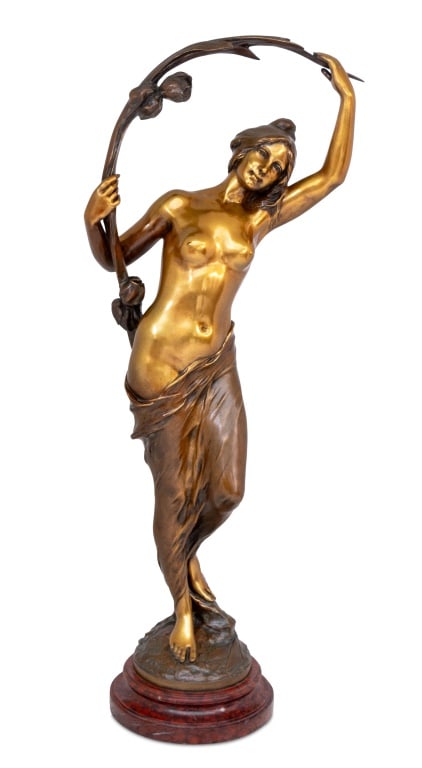 Charles Perron "Woman with Iris" Bronze, 19th C.: Charles Theodore Perron (French, 1862-1934) "Woman with Iris" Patinated and Gilt Bronze Sculpture, late 19th century, the standing figure upholding Irises, on a circular base, signed, and on a rouge g