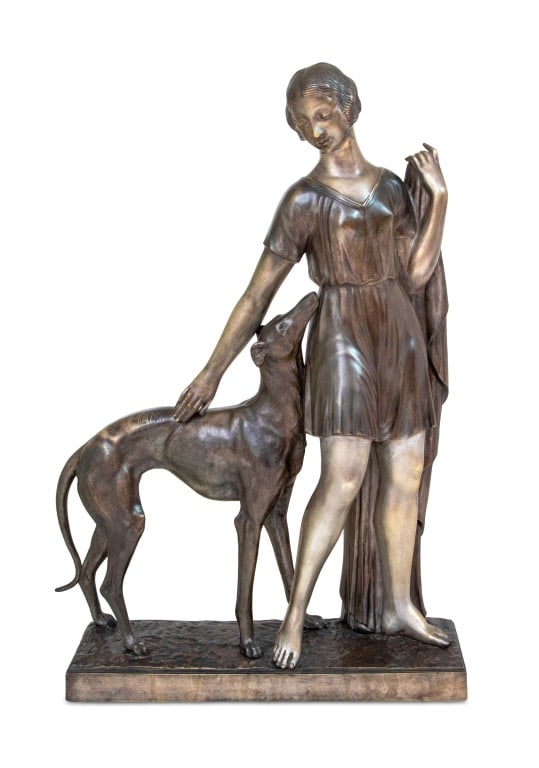 Ignacio Gallo "Woman & Greyhound" Bronze, ca. 1930: Ignacio Gallo (Spanish, 1887-1956) "Woman and Greyhound" Silvered Bronze Sculpture, circa 1930, the standing figure with her right hand patting the greyhound, on a rectangular plinth, signed. 25.5" H 