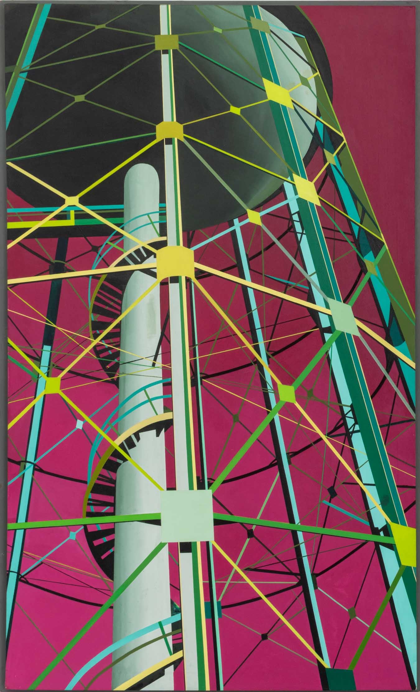 Eleanor Ambrose Geometric Industrial Scene Acrylic: Eleanor Ambrose (American, XX), Geometric Industrial Scene, Acrylic on Canvas, signed and inscribed verso, painted gray wood frame. Image: 60" H x 36" W; frame: 61" H x 37.25" W x 2" D. Provenance: Fr