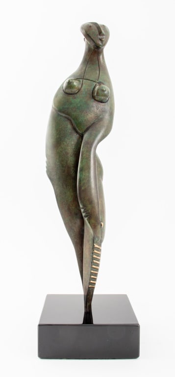 Ronald K. Parker "Life" Bronze Sculpture, 1999: Ronald K. Parker (American, b. 1939) "Life" Verdigris Patinated Bronze Sculpture, 1999, signed "Parker" and marked "c 99 29/99" to leg. 18" H x 5.25" W x 5.25" D. Provenance: From the collection of th