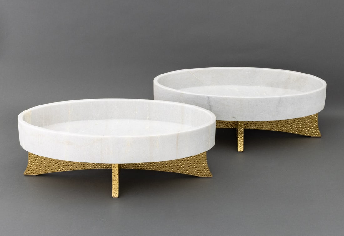 Googie Style "LAX" Marble Bowls on Stands, Pair: Pair of Googie Style "LAX" White Marble Oval Bowls on Gilt Stands. Each Overall: 8.25 H x 24" W x 12" D. Provenance: From a New York City Private Collection. Keywords: Contemporary design, Vessels, Ce