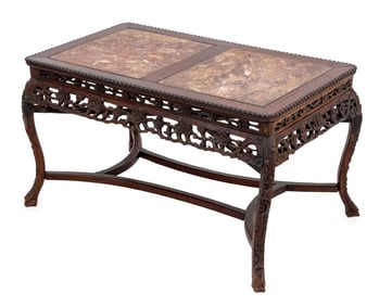 Chinese Red Marble & Rosewood Low Table, 19th C.