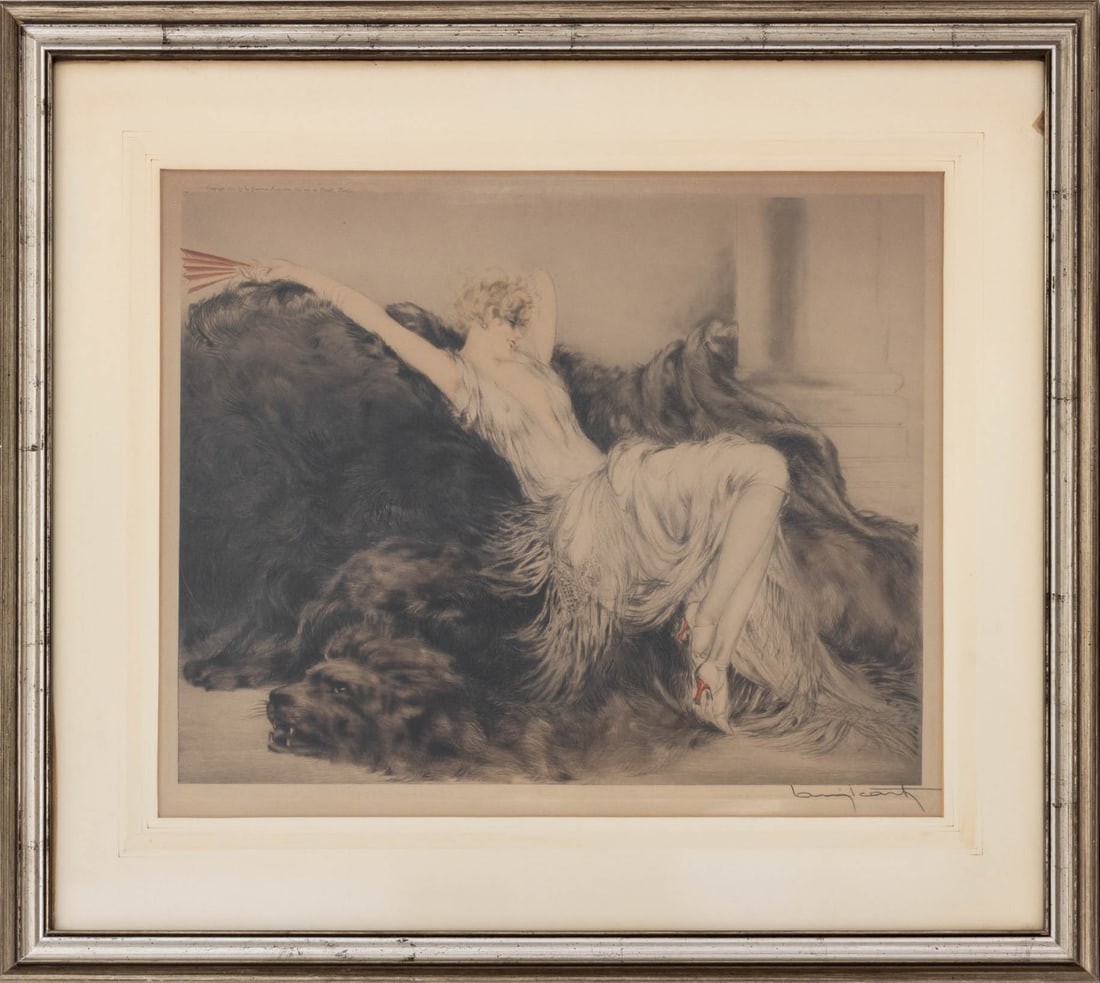 Louis Icart "Paresse" Etching, 1925: Louis Icart (French, 1888-1950), "Paresse" [Laziness], Etching, 1925, signed in pencil lower right, marked "Copyright 1925 by les Gravures Modernes 194 Rue de Rivoli, Paris" upper left, silvered wood 