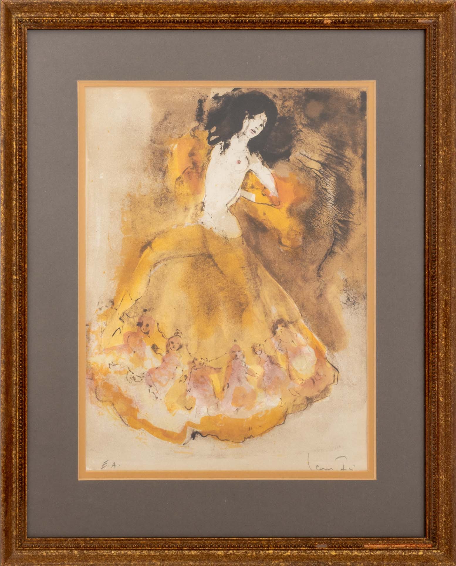 Leonor Fini "Danseuse" Lithograph, 1969: Leonor Fini (Argentine/French, 1909-1972), "Danseuse" [Dancer], Lithograph in Colors, signed in pencil lower right, marked artist's proof edition "E.A." lower left, giltwood frame. Image: 13.5" H x 9.