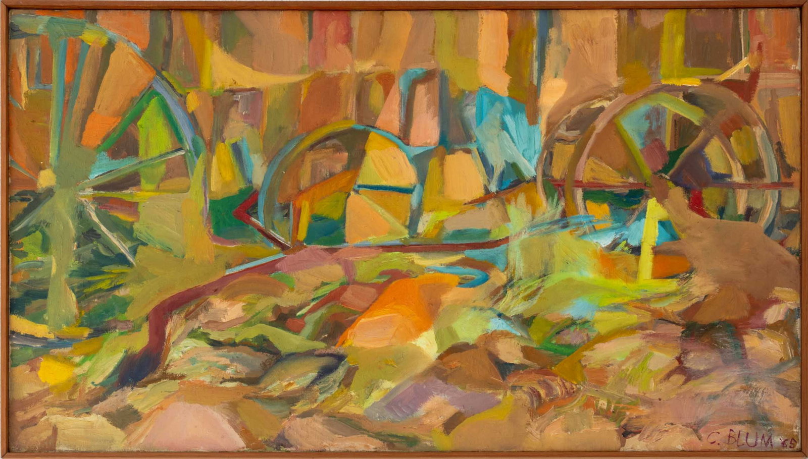 Caroline Blum Abstract Water Wheel, 1965: Caroline Blum (American, XX-XXI), Abstract Water Wheel, Oil on Canvas, 1965, signed and dated lower right, wood frame. Image: 20" H x 36" W; frame: 20.75" H x 36.75" W x 1.25" D. Provenance: From a Lo