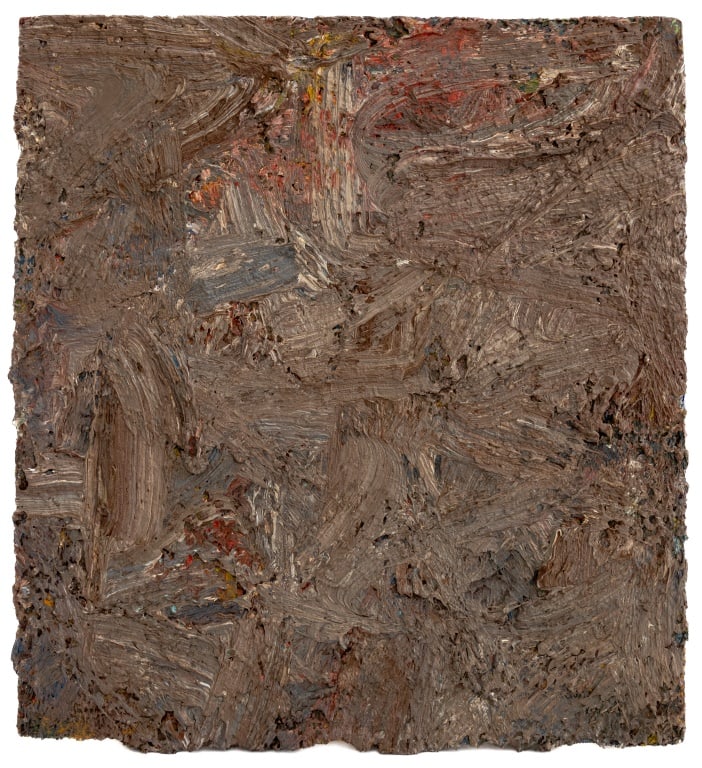 Andy Miller Abstract Composition Oil on Canvas: Andy Miller (American, b. 1950), Abstract Composition, Oil on Canvas, impasto details, gray brown with red undertones, with artist's studio stamp verso, apparently unsigned, unframed. 24.5" H x 22" W.