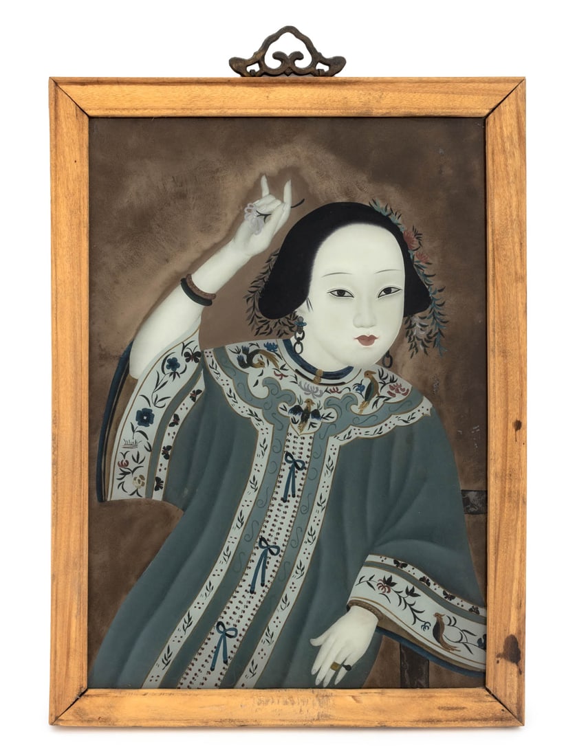Chinese Woman with Flower Reverse Glass Painting (1 of 8)