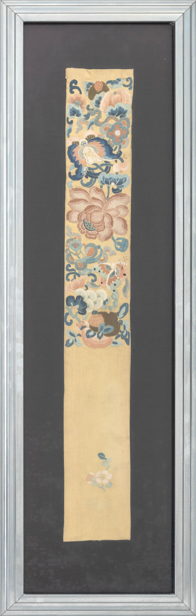 Chinese Butterfly & Flowers Silk Needlework Panel: Chinese Butterfly and Flowers Scene Silk Needlework Panel, silver-tone frame. Image: 29" H x 4.25" W; frame: 38.25" H x 12.25" W x 1.25" D. Provenance: From a Westchester County Estate. Keywords: Kesi