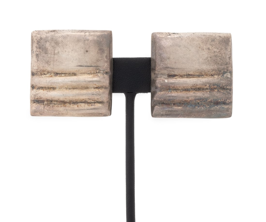 Mexican 950 Silver Square Earrings: Pair of Mexican 950 Silver Square Earrings, featuring brightly polished and fluted surfaces, worn as clip-ons with lever backs, marked: "TF-31 950 Mexico". Measuring approx. 1 1/4" x 1 1/4", 0.91 ozt.