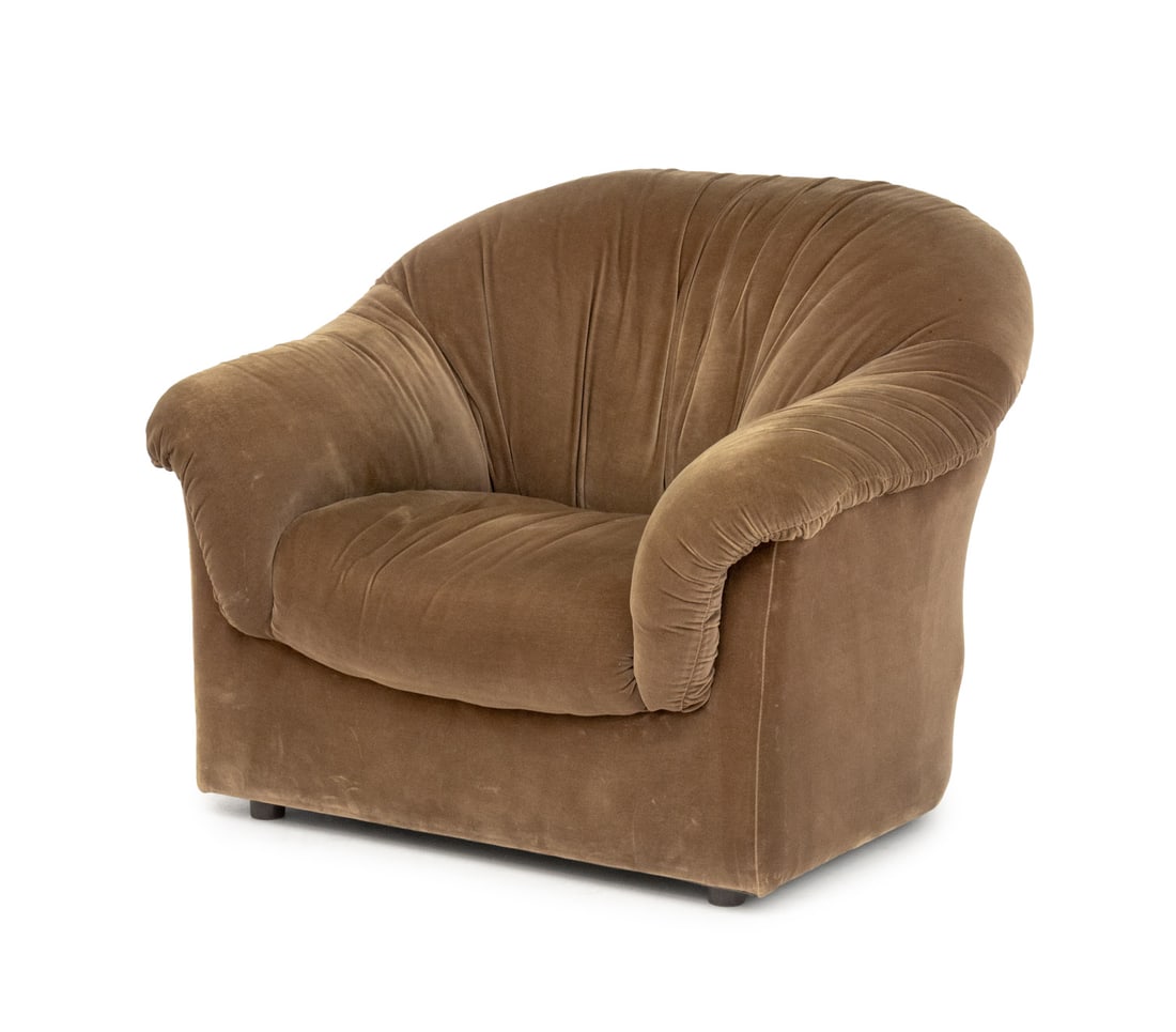 Italian Velvet Upholstered Armchair, 1970s: Italian Brown Velvet Upholstered Arm Chair, 1970s. 30" H x 39" W x 36" D; seat: 16" H. Provenance: From a Long Island, New York Estate. Keywords: Modern Furniture, Vintage Furniture, Mid-Century Moder