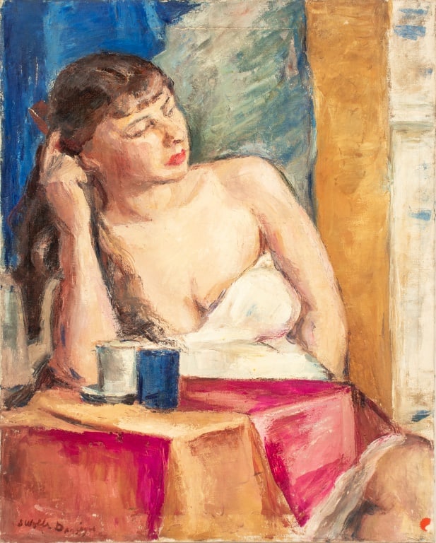 S. Wolfe Danziger Seated Semi-Nude Figure Oil: S. Wolfe Danziger (American, XX), Seated Semi-Nude Figure, Oil on Canvas, depicting a young woman seated at a table draped in a sheet, signed lower left, signed and marked "Lahey Class" verso, unframe