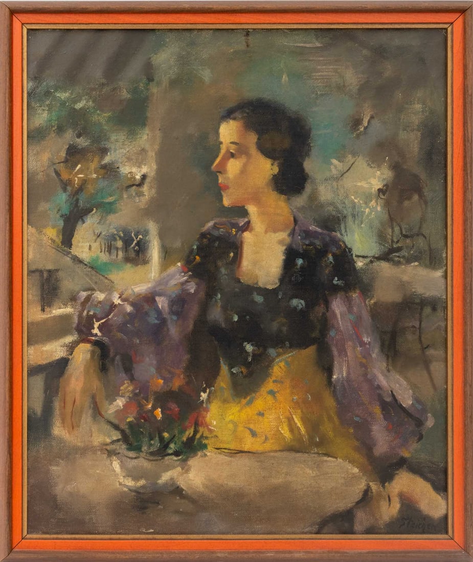 Steichen Signed Portrait of a Woman Oil, 20th C.: 20th Century School, Portrait of a Woman, Oil on Canvas Panel, signed lower right, wood frame. Image: 17.5" H x 14.5" W; frame: 19.75" H x 16.75" W x 1" D. Provenance: From a Connecticut Estate. Keywo