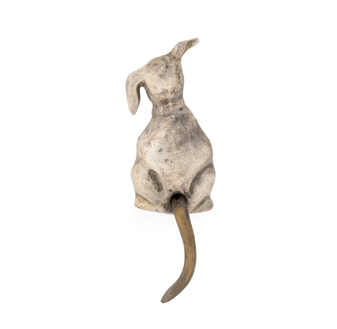 Mexican Sterling Silver Dog Form Brooch: Mexican Sterling Silver Dog Form Brooch, featuring brightly polished surfaces with articulating tail, worn through fabric with pinstem, joint and catch, marked: "Mexico TV-86 925". Measuring approx. 3