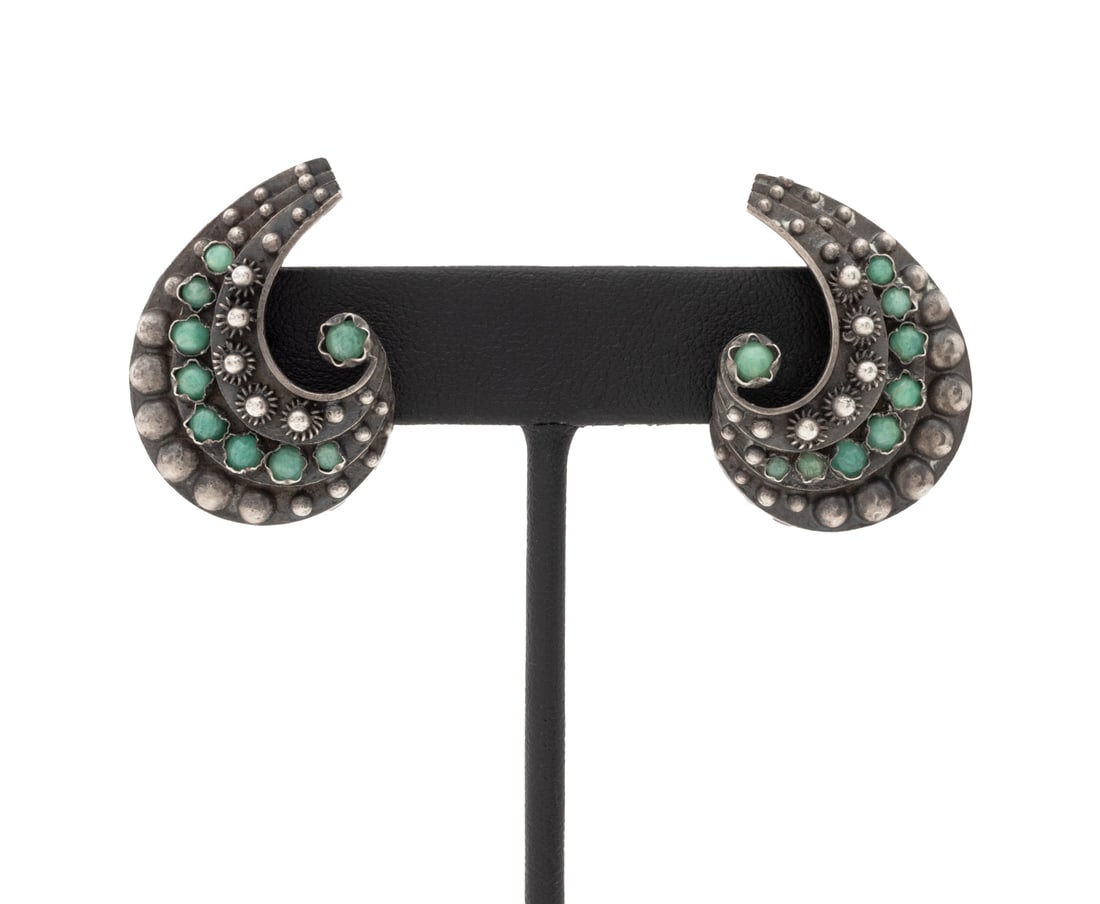 Vintage Silver Turquoise Swirl Earrings: Pair of Vintage Silver Turquoise Swirl Earrings, featuring antique finished and brightly polished surfaces, decorated with eighteen bezel set round turquoise beads approx. 1.50 - 3.50 mm., worn on ear
