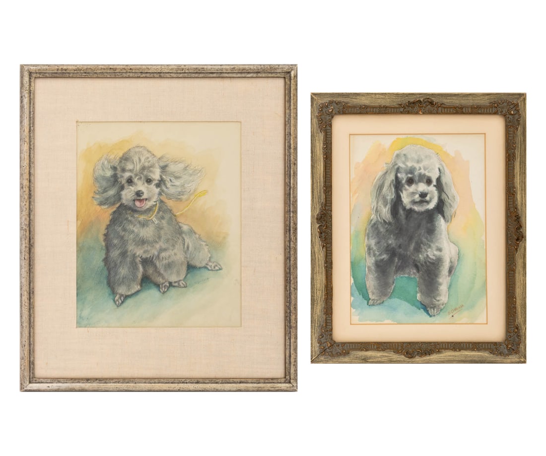 Edwina Portraits of a Gray Poodle Watercolor, 2: Edwina (XX), possibly Edwina Dumm (American, 1893-1990), Two Portraits of a Gray Poodle, Watercolor on Paper, both signed in pencil lower right, one in a silvered frame and one in a carved green paint