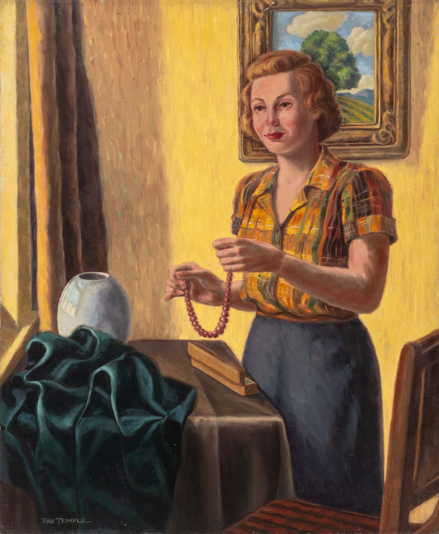 Ray Temple "Hollywoor #66" Oil on Canvas: Ray Temple (American, XX), "Hollywoor #66", Oil on Canvas, signed lower left, signed, titled and inscribed verso, unfarmed. 30.25" H x 25" W x 1" D. Provenance: From a New York City Private Collection