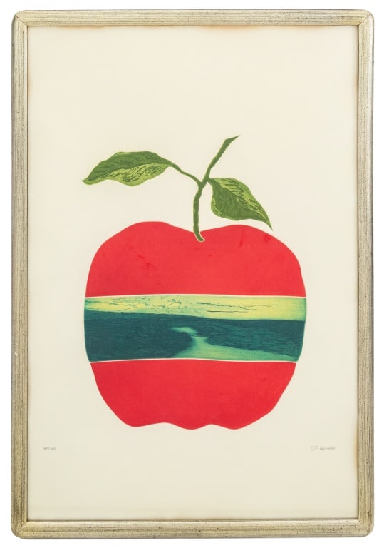Shelly DiCello Ahern Surrealist Apple Aquatint: Shelly DiCello Ahern (American, XX), Surrealist Apple, Aquatint, red apple with landscape in stripe across center, signed in pencil lower right, numbered edition "48/100" lower left, silvered wood fra