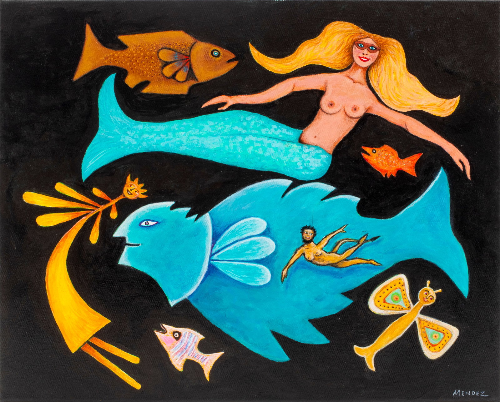 Louis Mendez "Sea World / Dance of Life" Acrylic: Louis Mendez (American, 1929-2012), "Sea World / The Dance of Life", Acrylic on Canvas, 2010, signed lower right, titled, and dated verso, unframed. 16" H x 20" W x 0.75" D. Provenance: Property from 