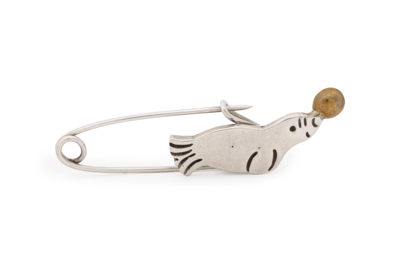 Mexican Sterling Silver Seal Safety Pin Brooch: Mexican Sterling Silver Seal Motif Safety Pin Brooch, featuring brightly polished and vermeil surfaces, worn through fabric with pinstem, joint and catch, marked: "Mex 925". Measuring approx. 2 5/8" x
