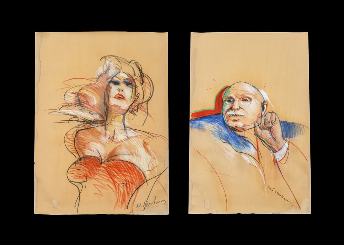 Michael Paraskevas Portraits Pastel on Paper, 2: Michael Paraskevas (American, b. 1961), Two Portraits, Pastel on Paper, one portrait of a woman in red and one a portrait of a gentleman in glasses, each signed lower right, unframed. Each approx.: 35