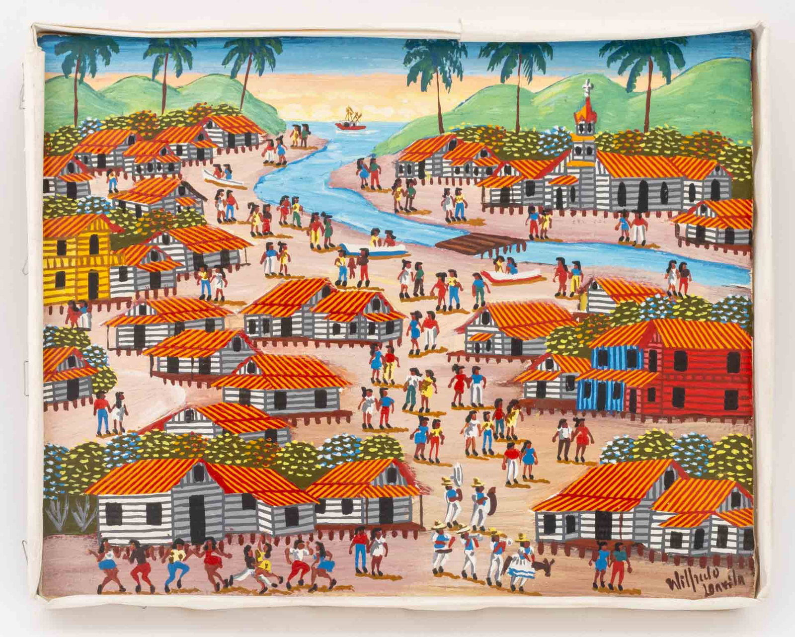 Illegibly Signed "Rio Prinzapolka, Bluefields": Nicaraguan School, "Rio Prinzapolka, Bluefields", Acrylic on Canvas, illegibly signed "Wilfrido Lonvila (?)" lower right, titled verso, unframed. 8.5" H x 10.5" W x 1.25" D. Provenance: From a Warren,