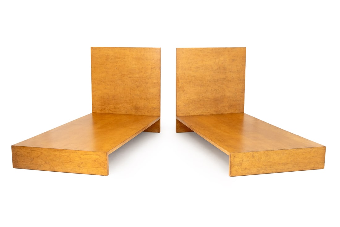 Modern Twin Size Wood Platform Beds, Pair: Pair of Modern Twin Size Wood Platform Beds. 46.25" H x 40" W x 76.75" D. Provenance: From an East 53rd Street, New York City Collection. Keywords: Minimalist design, Bedroom Furniture, Single bed, In