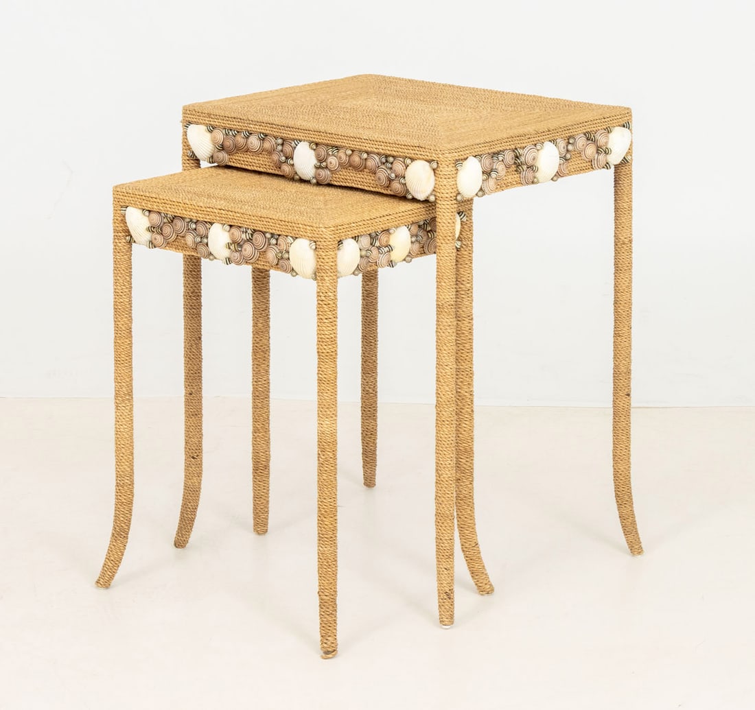 Modern Seagrass and Shell Nesting Tables, 2: Set of Two Modern Sea Grass and Shell Nesting Tables. 26" H x 20" W x 16" D. Provenance: From a Westchester County Estate. Keywords: Modern Furniture, Side table, End table, Accent table, Nacre, Beach