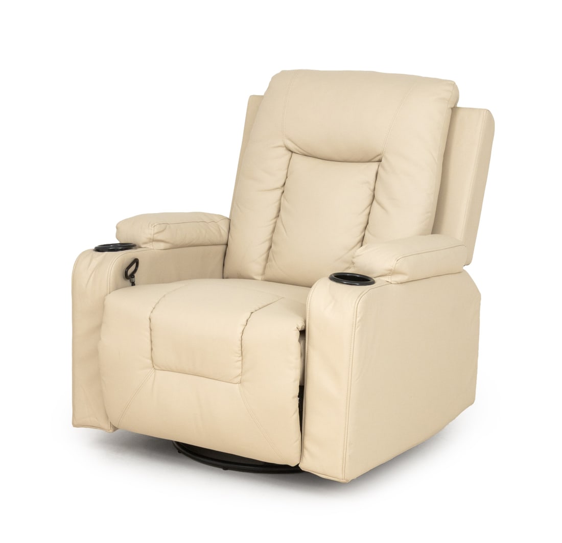 Contemporary Beige Faux Leather Reclining Chair: Contemporary Beige Faux Leather Upholstered Reclining Swivel Chair, with two inset cup holders. 37" H x 34" W x 36" D; seat: 18" H. Provenance: From the Estate of Gerard Stora, Vice President of Wilde