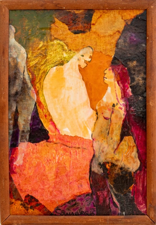 Elfi Schuselka Abstract Figural Mixed Media, 1965: Elfi Schuselka (Austrian, b. 1940), Abstract Figural Composition, Mixed Media on Paper, 1965, depicting male and female figures, signed and dated lower right, wood frame. Image: 10.75" H x 7.25; frame