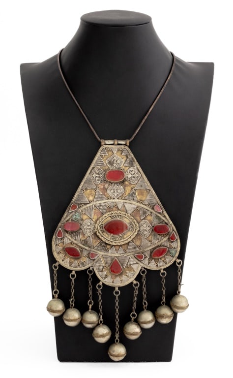 Persian Silvered Brass Pendant Necklace: Persian Silvered Brass Pendant Necklace, with carnelian stones, drop bead accents, and sterling silver chain, marked "925". Silver weight: 0.56 ozt.; pendant: 9.25" L x 5.5" W; chain: 24.25" L. Proven